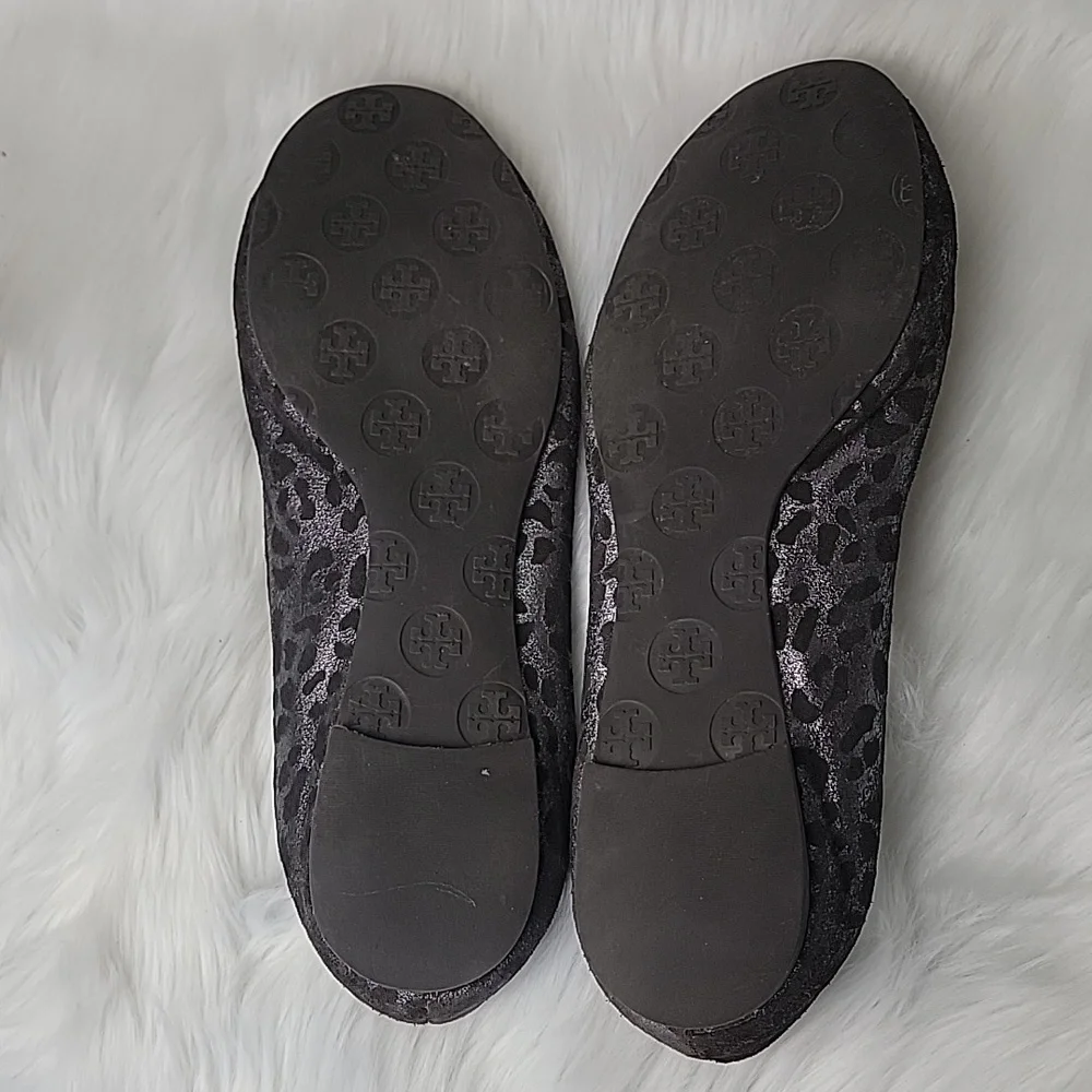TORY BURCH Leopard Animal Print Metallic Silver Brown Medallion Logo Ballet Flat